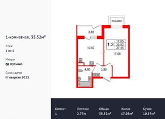 Продается 1-комнатная квартира, 34.9 м2, Санкт-Петербург, Пулковское шоссе, 71к11, метро Звёздная
