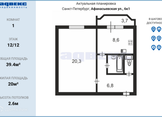 Продажа 1-комнатной квартиры, 39.4 м2, Санкт-Петербург, Афанасьевская улица, 6к1, Афанасьевская улица