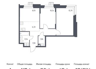 Продам трехкомнатную квартиру, 54.89 м2, поселение Мосрентген, многофункциональный комплекс Тропарёво Парк, к1.1