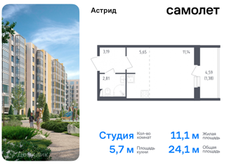 Продажа квартиры студии, 24.1 м2, Колпино, проспект Ленина, 60