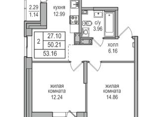 Продам двухкомнатную квартиру, 52.8 м2, посёлок Парголово
