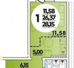 Продается квартира студия, 30 м2, Краснодар, ЖК Квартал № 6, улица Генерал-лейтенанта Александра Сапрунова, 15