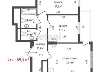 Продаю 2-ком. квартиру, 69.3 м2, Екатеринбург, Московская улица, 75, ЖК Арбатский