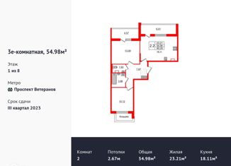 Продам 2-комнатную квартиру, 54.6 м2, Санкт-Петербург, проспект Будённого, 21к1, ЖК Солнечный Город