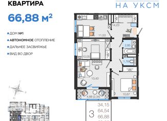 3-комнатная квартира на продажу, 66.88 м2, Ульяновск, улица Хваткова, 2Вк1