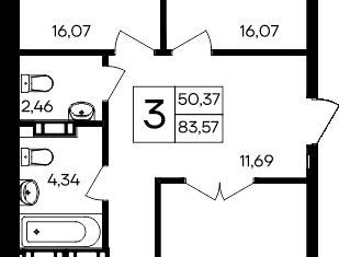 Продаю трехкомнатную квартиру, 83.57 м2, посёлок городского типа Гвардейское, Магистральная улица, 1