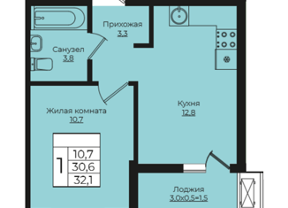 1-ком. квартира на продажу, 32.1 м2, Краснодар, улица Володи Головатого, 313, улица Володи Головатого