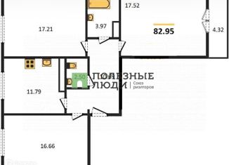 Продажа трехкомнатной квартиры, 82.95 м2, Воронеж, улица Артамонова, 34Ж, ЖК Волна-1