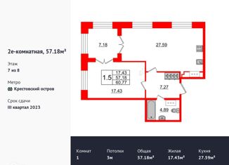 Продается однокомнатная квартира, 57.2 м2, Санкт-Петербург, Петровский проспект, 28к2, метро Крестовский остров