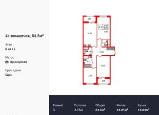 Продажа 3-комнатной квартиры, 84.8 м2, Санкт-Петербург, Уральская улица, 21, ЖК Эмеральд на Малой Неве