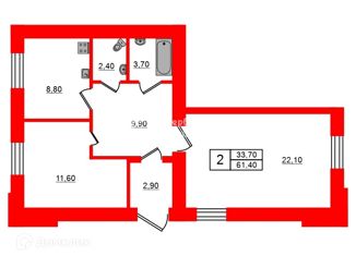 2-комнатная квартира на продажу, 61.4 м2, Санкт-Петербург, Огородный переулок, 5, муниципальный округ Нарвский