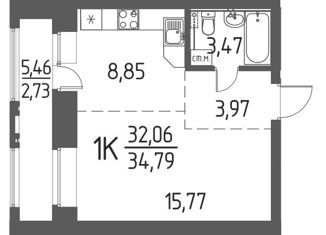 Продам 1-комнатную квартиру, 34.79 м2, деревня Кисловка, улица Василия Кандинского, 1