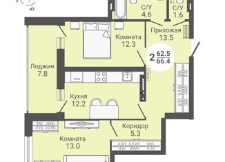 2-комнатная квартира на продажу, 66.4 м2, Новосибирск, метро Октябрьская, улица Петухова, 168с