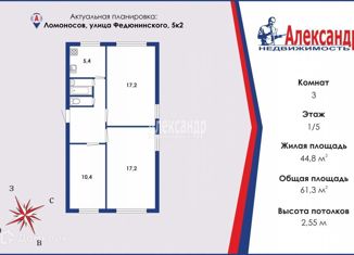Продам 3-комнатную квартиру, 61.3 м2, Санкт-Петербург, улица Федюнинского, 5к2