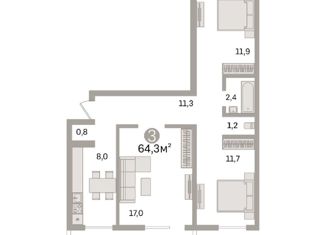 Продажа 3-комнатной квартиры, 64.3 м2, Екатеринбург, Московская улица, 214к2, Ленинский район