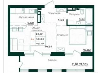 Двухкомнатная квартира на продажу, 43.57 м2, Барнаул, проспект Строителей, 18