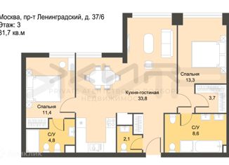 Продам 3-ком. квартиру, 81.7 м2, Москва, метро Аэропорт, Ленинградский проспект, 37/6