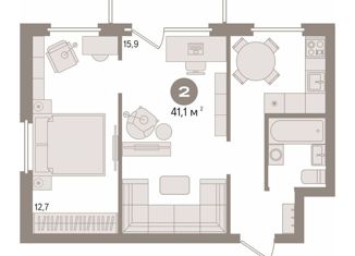 2-комнатная квартира на продажу, 41.1 м2, Тюмень, Пышминская улица, 1А, Калининский округ