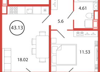1-комнатная квартира на продажу, 43.13 м2, поселок Бугры, аллея Ньютона, 2, ЖК Энфилд