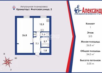 Продам 1-комнатную квартиру, 54 м2, Кронштадт, Флотская улица, 2