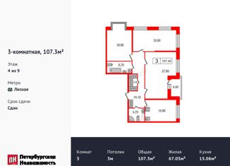 Продается 3-комнатная квартира, 107.3 м2, Санкт-Петербург, улица Александра Матросова, 1, ЖК Притяжение