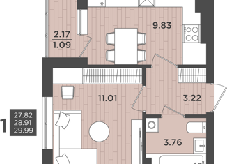 Продаю 1-ком. квартиру, 28.91 м2, Калининград, Интернациональная улица, 18, ЖК Белый Сад