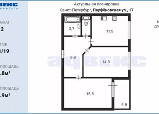 Продается 2-ком. квартира, 56.8 м2, Санкт-Петербург, Парфёновская улица, 17, ЖК Московские ворота II