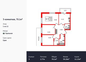 Продажа 3-комнатной квартиры, 70.1 м2, Санкт-Петербург, Манчестерская улица, 3, ЖК Светлана Парк