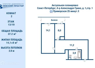 Продается 2-комнатная квартира, 37.2 м2, Санкт-Петербург, бульвар Александра Грина, 1