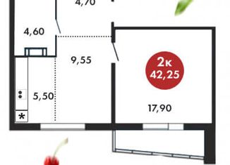 2-комнатная квартира на продажу, 40.8 м2, посёлок Западный, улица имени Генерала Костицына, 7