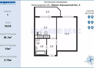 Продажа 1-ком. квартиры, 36.7 м2, Мурино, Воронцовский бульвар, 8