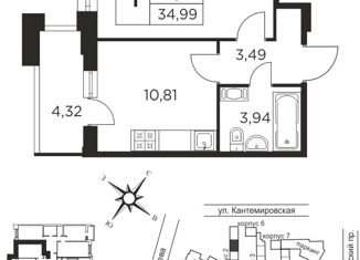 Продам 1-комнатную квартиру, 34.87 м2, Санкт-Петербург, Пироговская набережная, 5/2, Выборгский район