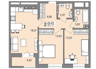 Продается 2-ком. квартира, 60.69 м2, Екатеринбург, улица Металлургов, 63, Верх-Исетский район