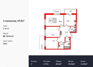 Продам 3-комнатную квартиру, 69.8 м2, Санкт-Петербург, Манчестерская улица, 3, ЖК Светлана Парк