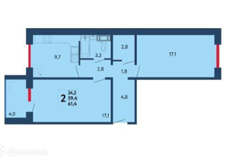 2-комнатная квартира на продажу, 61.4 м2, Уфа, ЖК Новая Дёма