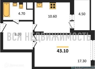 Однокомнатная квартира на продажу, 43.1 м2, Воронеж, Краснознамённая улица, 57/5, ЖК Высота