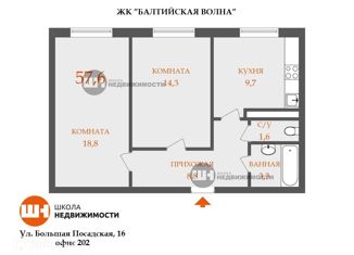 Продается двухкомнатная квартира, 57.6 м2, Санкт-Петербург, улица Маршала Казакова, 58с1, ЖК Балтийская Волна