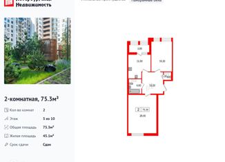 Продается 2-ком. квартира, 75.3 м2, Санкт-Петербург, Манчестерская улица, 3, ЖК Светлана Парк