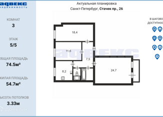 3-комнатная квартира на продажу, 74.5 м2, Санкт-Петербург, проспект Стачек, 26, муниципальный округ Нарвский