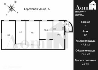 Продажа четырехкомнатной квартиры, 72.9 м2, Санкт-Петербург, Гороховая улица, 5, метро Адмиралтейская