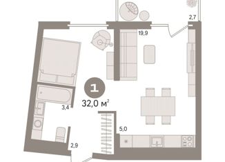 Продается 1-комнатная квартира, 32 м2, Тюмень, Профсоюзная улица, 6к1, Центральный округ