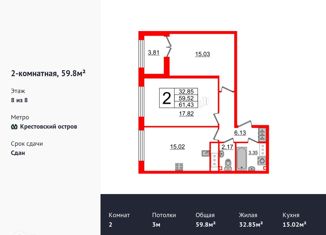 Продаю 2-комнатную квартиру, 59.8 м2, Санкт-Петербург, ЖК Зе Уан
