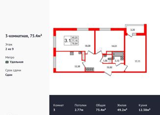 Продам 3-ком. квартиру, 75.4 м2, Санкт-Петербург, Манчестерская улица, 3, ЖК Светлана Парк