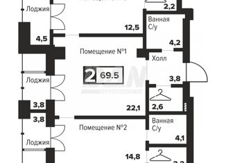 2-комнатная квартира на продажу, 69.5 м2, Челябинск, улица Труда, 157А