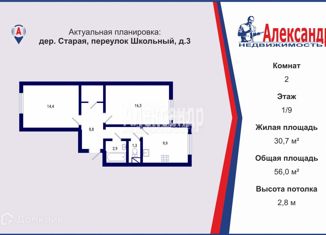 Продается 2-комнатная квартира, 56 м2, деревня Старая, Школьный переулок, 3
