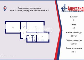 Продается 2-комнатная квартира, 56 м2, Московская область, Школьный переулок, 3