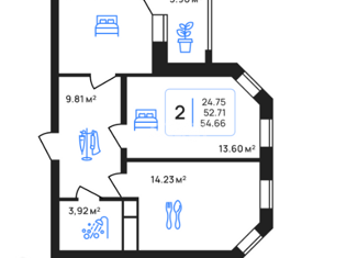 Двухкомнатная квартира на продажу, 54.66 м2, Липецк, улица Железнякова, 8, район Опытной Станции