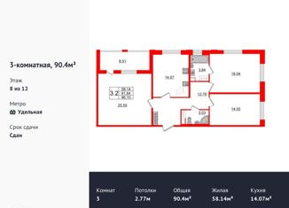 Продается 3-комнатная квартира, 90.4 м2, Санкт-Петербург, Манчестерская улица, 3, ЖК Светлана Парк