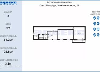 Продается 2-комнатная квартира, 51.2 м2, Санкт-Петербург, 3-я Советская улица, 26, 3-я Советская улица