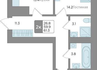 Продается 2-комнатная квартира, 59.9 м2, Калининградская область, Батальная улица, 94